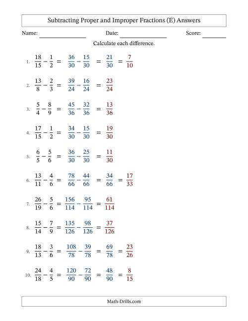 The Subtracting Proper and Improper Fractions with Unlike Denominators, Proper Fractions Results and Some Simplifying (Fillable) (E) Math Worksheet Page 2