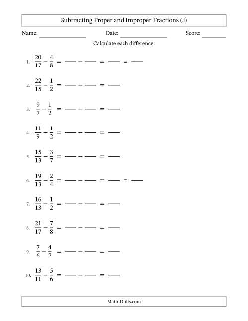 The Subtracting Proper and Improper Fractions with Unlike Denominators, Proper Fractions Results and Some Simplifying (Fillable) (J) Math Worksheet