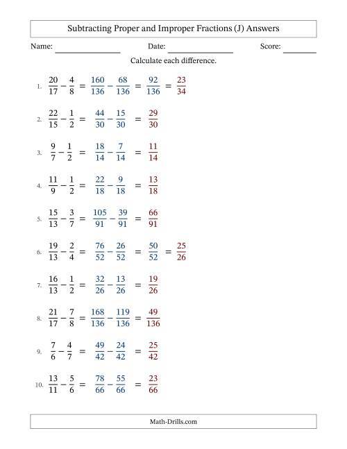 The Subtracting Proper and Improper Fractions with Unlike Denominators, Proper Fractions Results and Some Simplifying (Fillable) (J) Math Worksheet Page 2