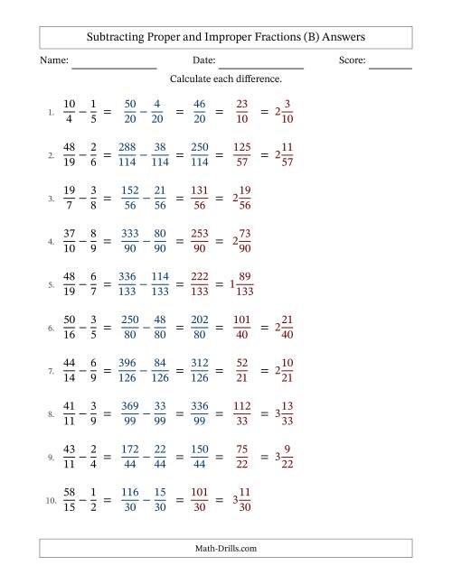 The Subtracting Proper and Improper Fractions with Unlike Denominators, Mixed Fractions Results and Some Simplifying (Fillable) (B) Math Worksheet Page 2
