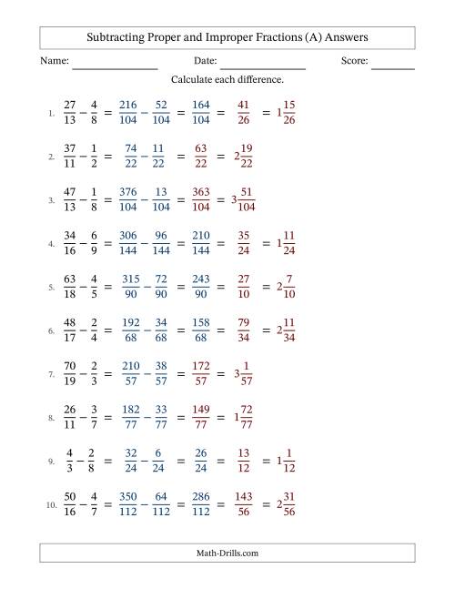 The Subtracting Proper and Improper Fractions with Unlike Denominators, Mixed Fractions Results and Some Simplifying (Fillable) (All) Math Worksheet Page 2