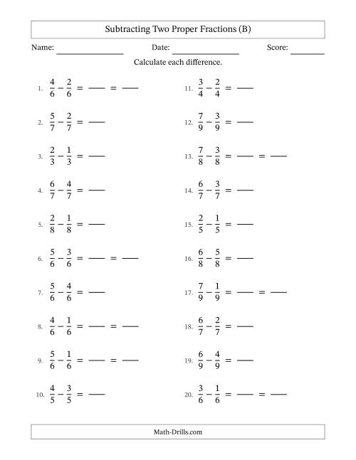 The Subtracting Two Proper Fractions with Equal Denominators, Proper Fractions Results and Some Simplifying (Fillable) (B) Math Worksheet
