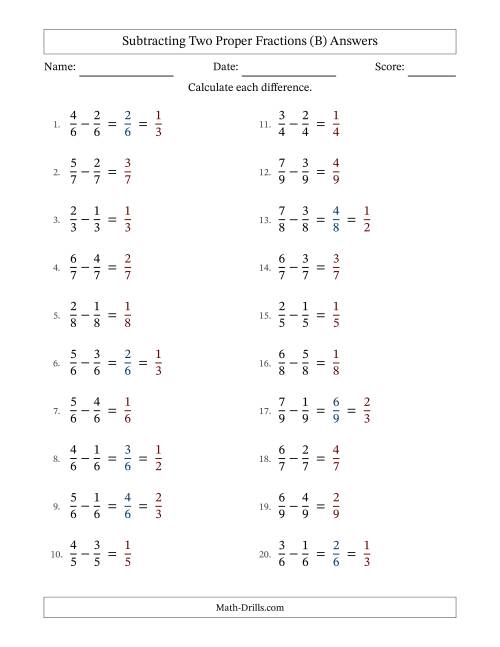The Subtracting Two Proper Fractions with Equal Denominators, Proper Fractions Results and Some Simplifying (Fillable) (B) Math Worksheet Page 2