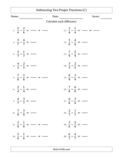 The Subtracting Two Proper Fractions with Equal Denominators, Proper Fractions Results and Some Simplifying (Fillable) (C) Math Worksheet