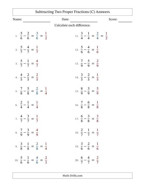 The Subtracting Two Proper Fractions with Equal Denominators, Proper Fractions Results and Some Simplifying (Fillable) (C) Math Worksheet Page 2