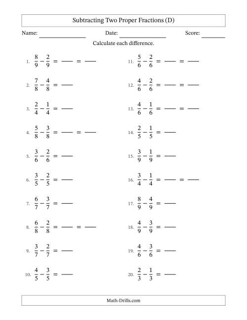 Subtracting Fractions with Like Denominators (D)