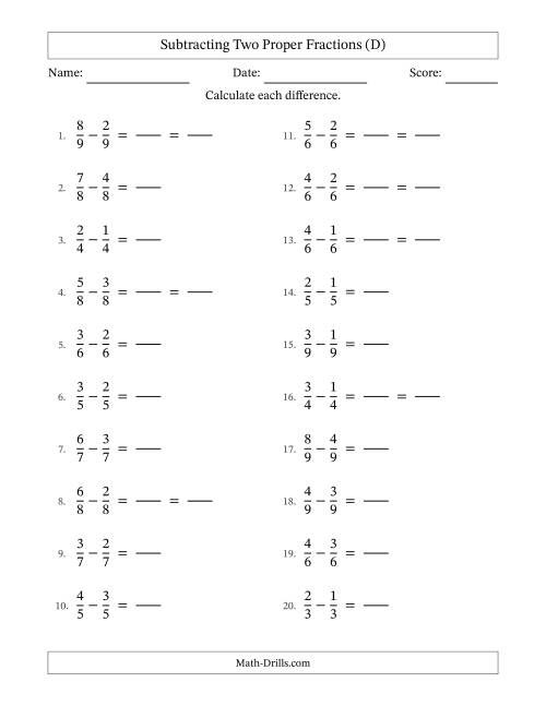 The Subtracting Two Proper Fractions with Equal Denominators, Proper Fractions Results and Some Simplifying (Fillable) (D) Math Worksheet