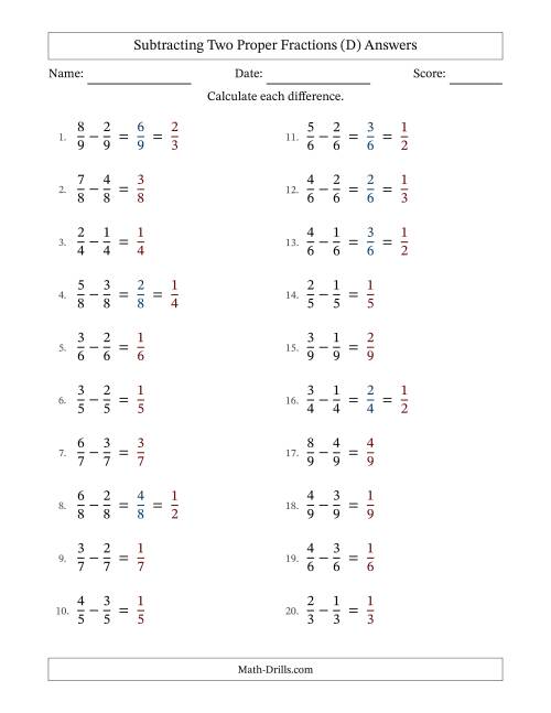 The Subtracting Two Proper Fractions with Equal Denominators, Proper Fractions Results and Some Simplifying (Fillable) (D) Math Worksheet Page 2