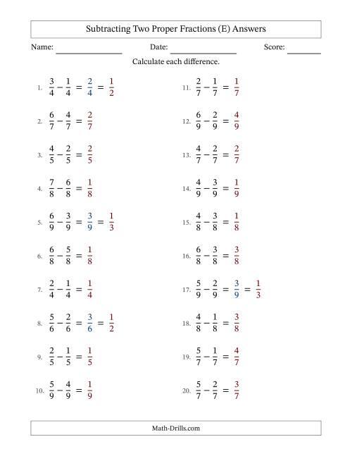 The Subtracting Two Proper Fractions with Equal Denominators, Proper Fractions Results and Some Simplifying (Fillable) (E) Math Worksheet Page 2