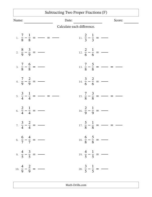 The Subtracting Two Proper Fractions with Equal Denominators, Proper Fractions Results and Some Simplifying (Fillable) (F) Math Worksheet