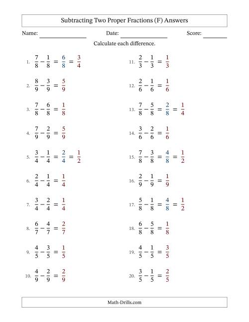 The Subtracting Two Proper Fractions with Equal Denominators, Proper Fractions Results and Some Simplifying (Fillable) (F) Math Worksheet Page 2