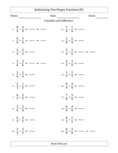 The Subtracting Two Proper Fractions with Equal Denominators, Proper Fractions Results and Some Simplifying (Fillable) (H) Math Worksheet
