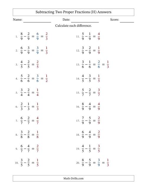 The Subtracting Two Proper Fractions with Equal Denominators, Proper Fractions Results and Some Simplifying (Fillable) (H) Math Worksheet Page 2