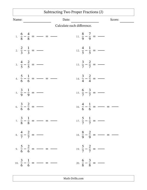 The Subtracting Two Proper Fractions with Equal Denominators, Proper Fractions Results and Some Simplifying (Fillable) (J) Math Worksheet