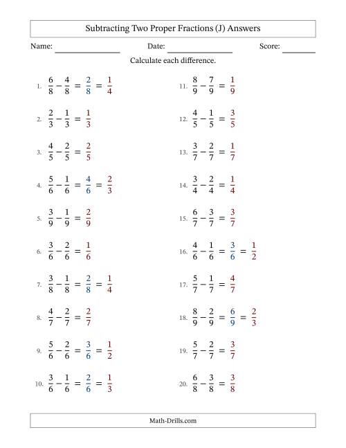 The Subtracting Two Proper Fractions with Equal Denominators, Proper Fractions Results and Some Simplifying (Fillable) (J) Math Worksheet Page 2