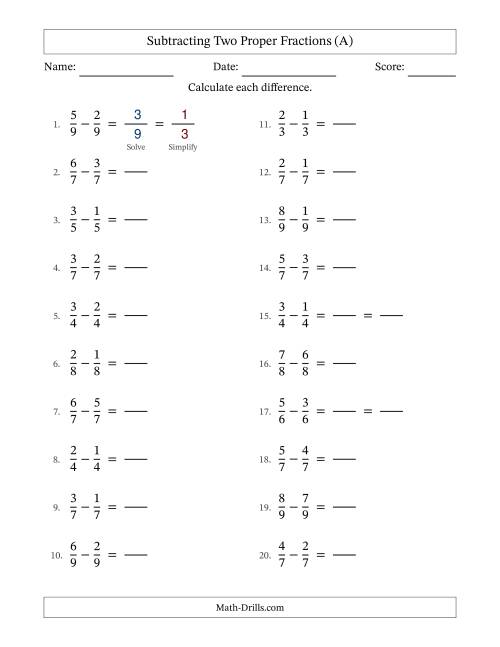 The Subtracting Two Proper Fractions with Equal Denominators, Proper Fractions Results and Some Simplifying (Fillable) (All) Math Worksheet