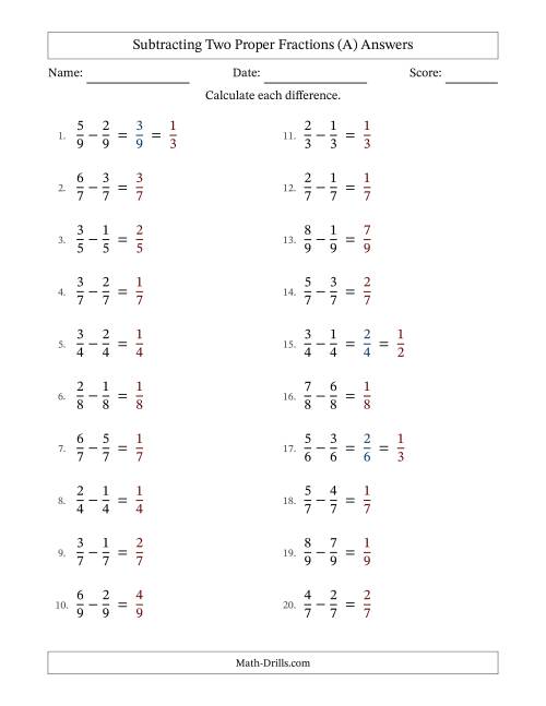The Subtracting Two Proper Fractions with Equal Denominators, Proper Fractions Results and Some Simplifying (Fillable) (All) Math Worksheet Page 2