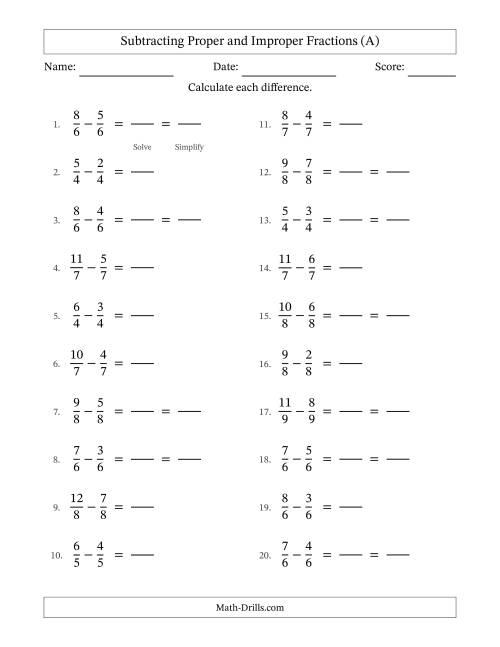 The Subtracting Fractions with Like Denominators with Improper Fractions (A) Math Worksheet