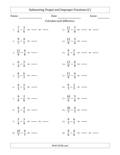 The Subtracting Proper and Improper Fractions with Equal Denominators, Proper Fractions Results and Some Simplifying (Fillable) (C) Math Worksheet