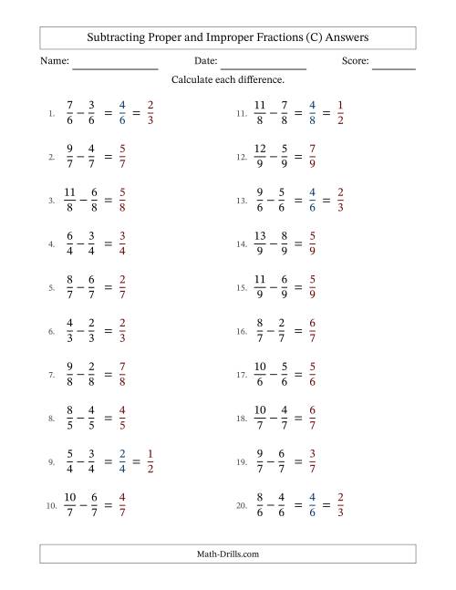 The Subtracting Proper and Improper Fractions with Equal Denominators, Proper Fractions Results and Some Simplifying (Fillable) (C) Math Worksheet Page 2