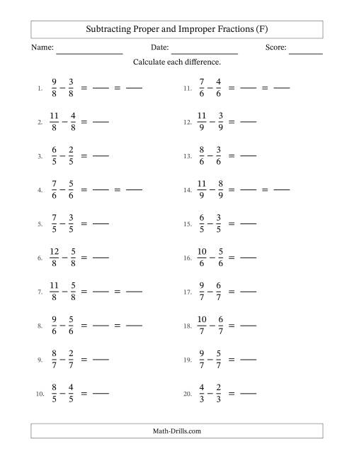 The Subtracting Proper and Improper Fractions with Equal Denominators, Proper Fractions Results and Some Simplifying (Fillable) (F) Math Worksheet