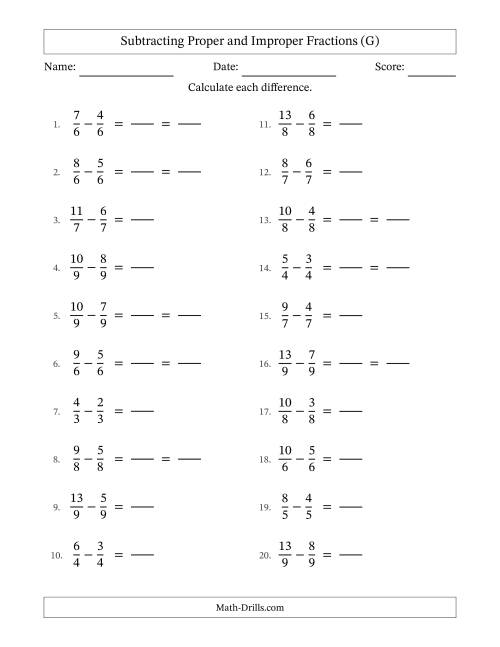 The Subtracting Proper and Improper Fractions with Equal Denominators, Proper Fractions Results and Some Simplifying (Fillable) (G) Math Worksheet
