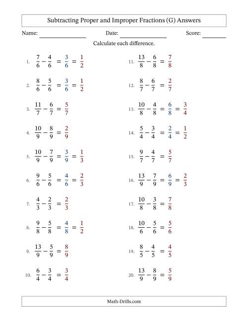 The Subtracting Proper and Improper Fractions with Equal Denominators, Proper Fractions Results and Some Simplifying (Fillable) (G) Math Worksheet Page 2
