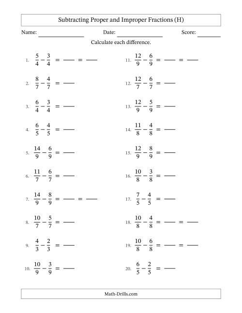 The Subtracting Proper and Improper Fractions with Equal Denominators, Proper Fractions Results and Some Simplifying (Fillable) (H) Math Worksheet
