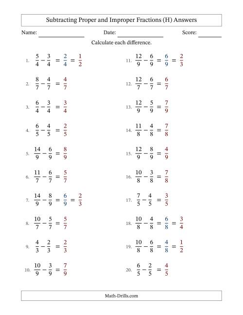 The Subtracting Proper and Improper Fractions with Equal Denominators, Proper Fractions Results and Some Simplifying (Fillable) (H) Math Worksheet Page 2