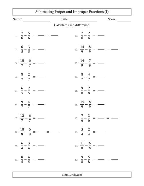 The Subtracting Proper and Improper Fractions with Equal Denominators, Proper Fractions Results and Some Simplifying (Fillable) (I) Math Worksheet