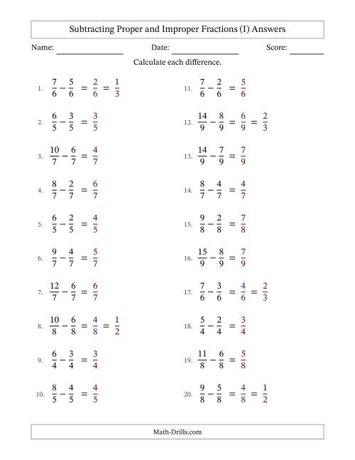 The Subtracting Proper and Improper Fractions with Equal Denominators, Proper Fractions Results and Some Simplifying (Fillable) (I) Math Worksheet Page 2