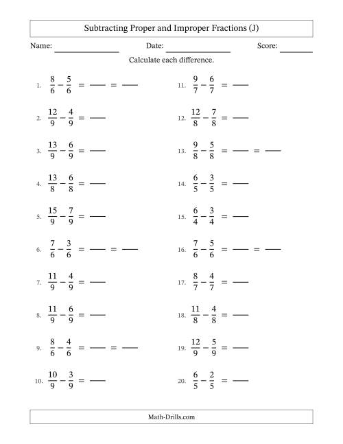 The Subtracting Proper and Improper Fractions with Equal Denominators, Proper Fractions Results and Some Simplifying (Fillable) (J) Math Worksheet