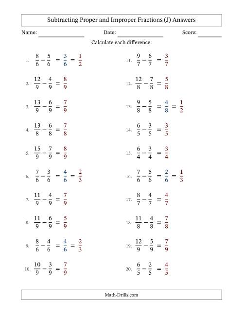 The Subtracting Proper and Improper Fractions with Equal Denominators, Proper Fractions Results and Some Simplifying (Fillable) (J) Math Worksheet Page 2