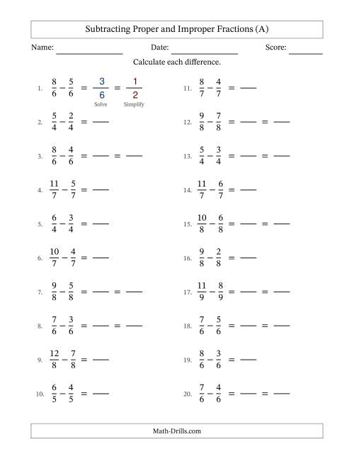 The Subtracting Proper and Improper Fractions with Equal Denominators, Proper Fractions Results and Some Simplifying (Fillable) (All) Math Worksheet