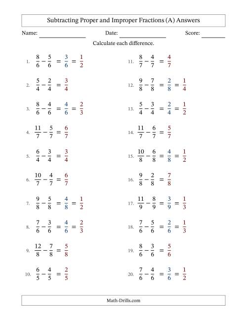 The Subtracting Proper and Improper Fractions with Equal Denominators, Proper Fractions Results and Some Simplifying (Fillable) (All) Math Worksheet Page 2