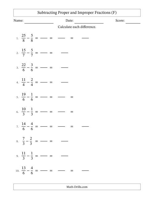 The Subtracting Proper and Improper Fractions with Equal Denominators, Mixed Fractions Results and Some Simplifying (Fillable) (F) Math Worksheet