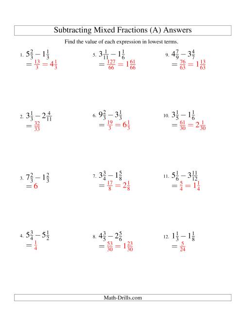 Subtracting Mixed Fractions Easy Version (A)