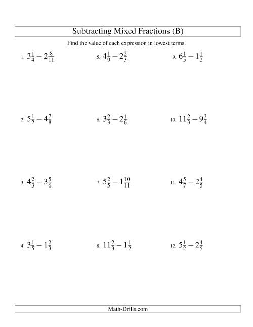 The Subtracting Mixed Fractions Easy Version (B) Math Worksheet