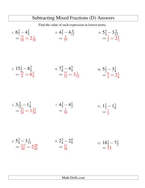 Subtracting Mixed Fractions Easy Version (D)