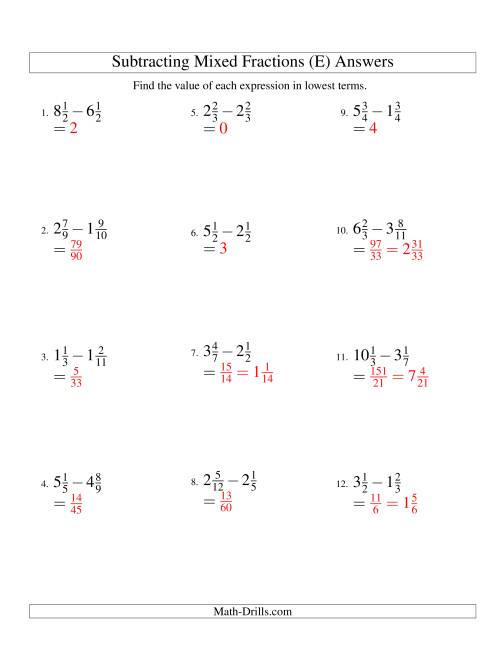 Subtracting Mixed Fractions Easy Version (E)