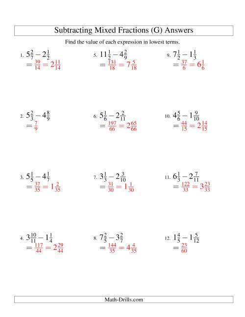 subtracting mixed fractions easy version g