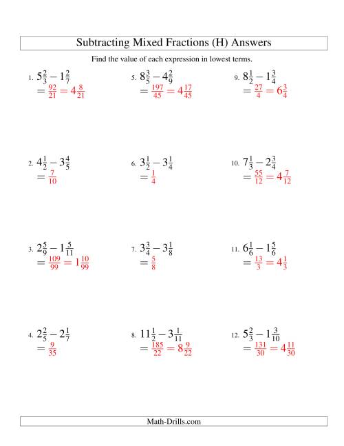 Subtracting Mixed Fractions Easy Version (H)