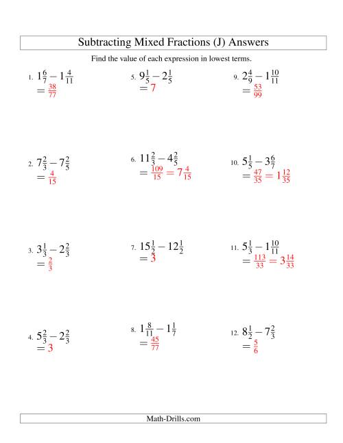The Subtracting Mixed Fractions Easy Version (J) Math Worksheet Page 2