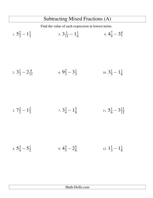 Subtracting Mixed Fractions Easy Version (All)