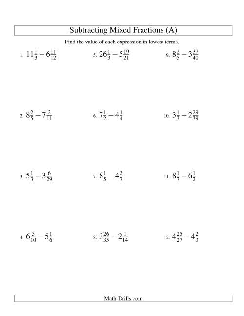 Subtracting Mixed Fractions Hard Version (A)