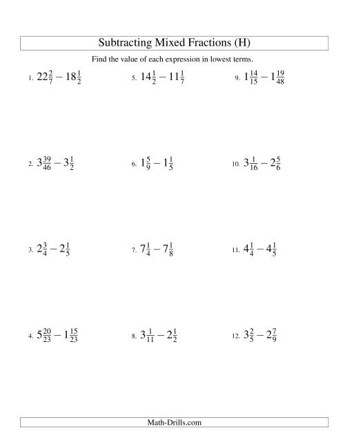 The Subtracting Mixed Fractions Hard Version (H) Math Worksheet