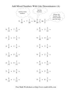 Adding Mixed Fractions -- Like Denominators Reducing No Renaming