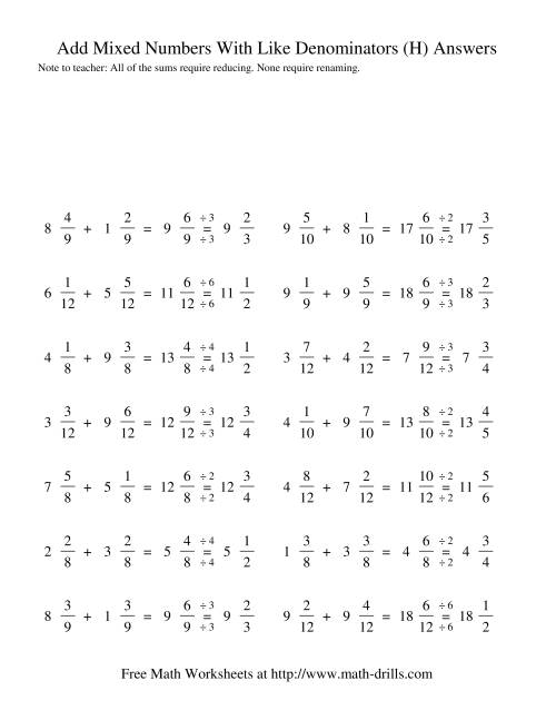 Adding Mixed Fractions -- Like Denominators Reducing No Renaming (H)