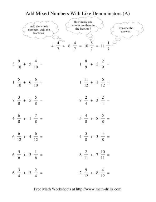 The Adding Mixed Fractions -- Like Denominators Renaming No Reducing (A) Math Worksheet