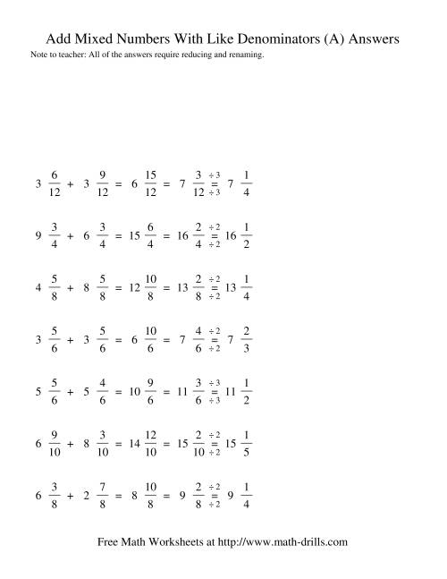 The Adding Mixed Fractions -- Like Denominators Renaming Reducing (A) Math Worksheet Page 2
